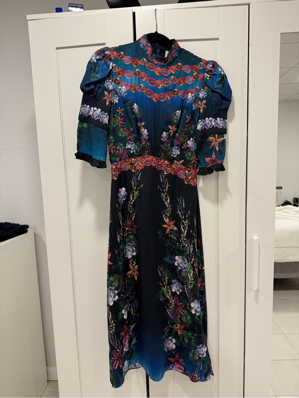 SALONI Teal and Black Floral High-Neck Midi Dress